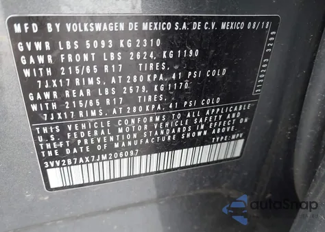 2018 Volkswagen Tiguan 2.0T Se/2.0T Sel from USA, damaged, VIN 3VV2B7AX7JM206097